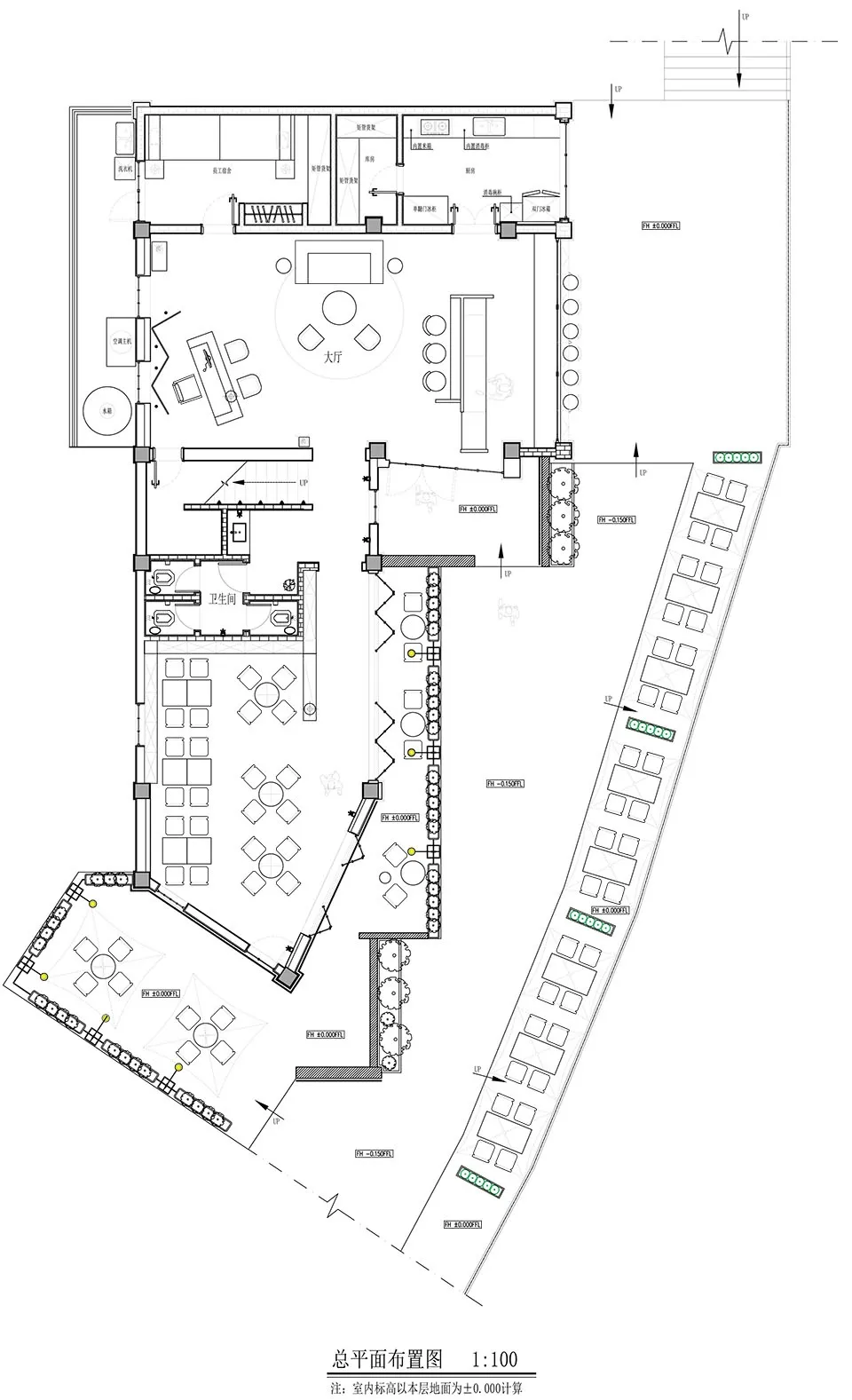 Floor plan of a modern office space featuring an open-plan layout with desks, chairs, and meeting areas.