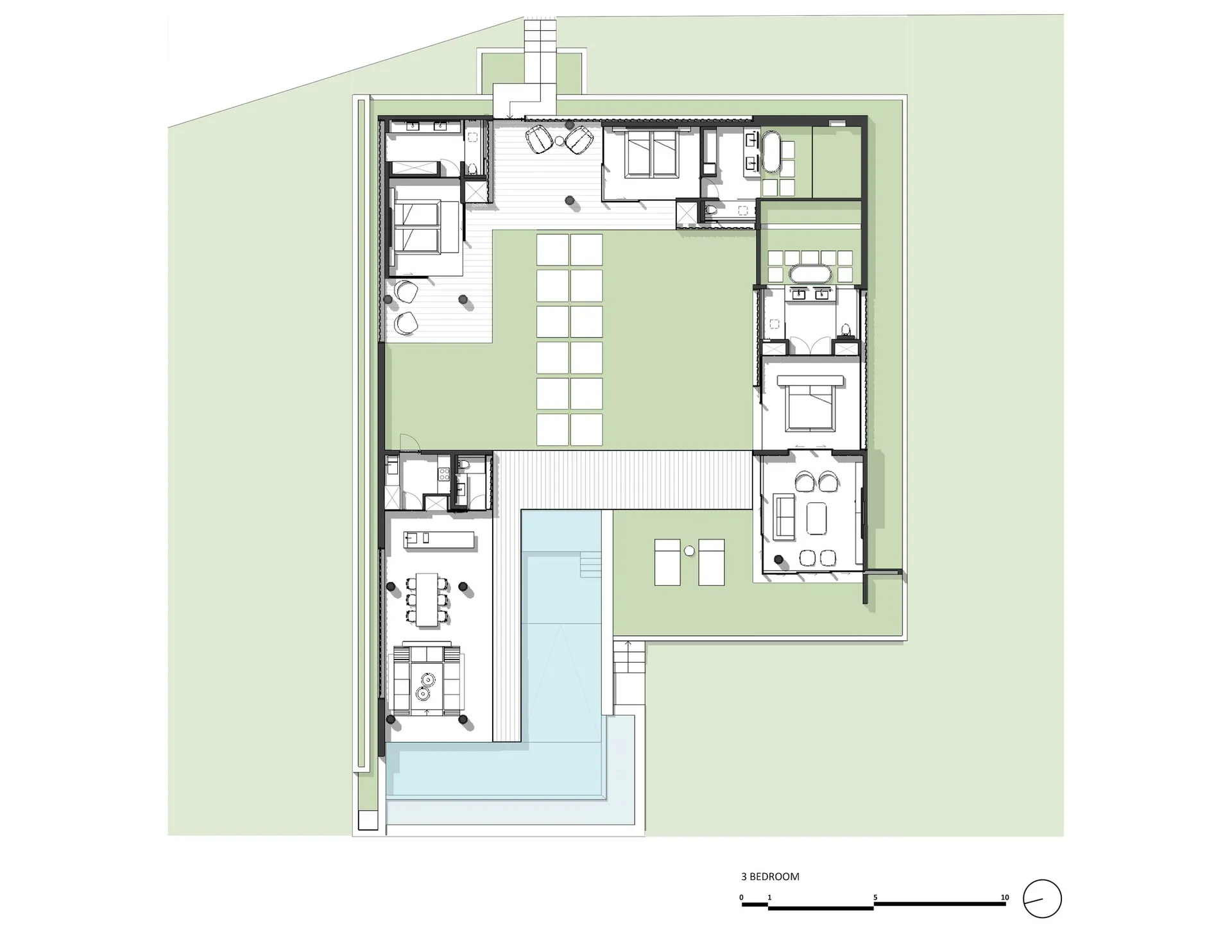 A residential floor plan featuring a layout with three bedrooms, a kitchen, and living areas.
