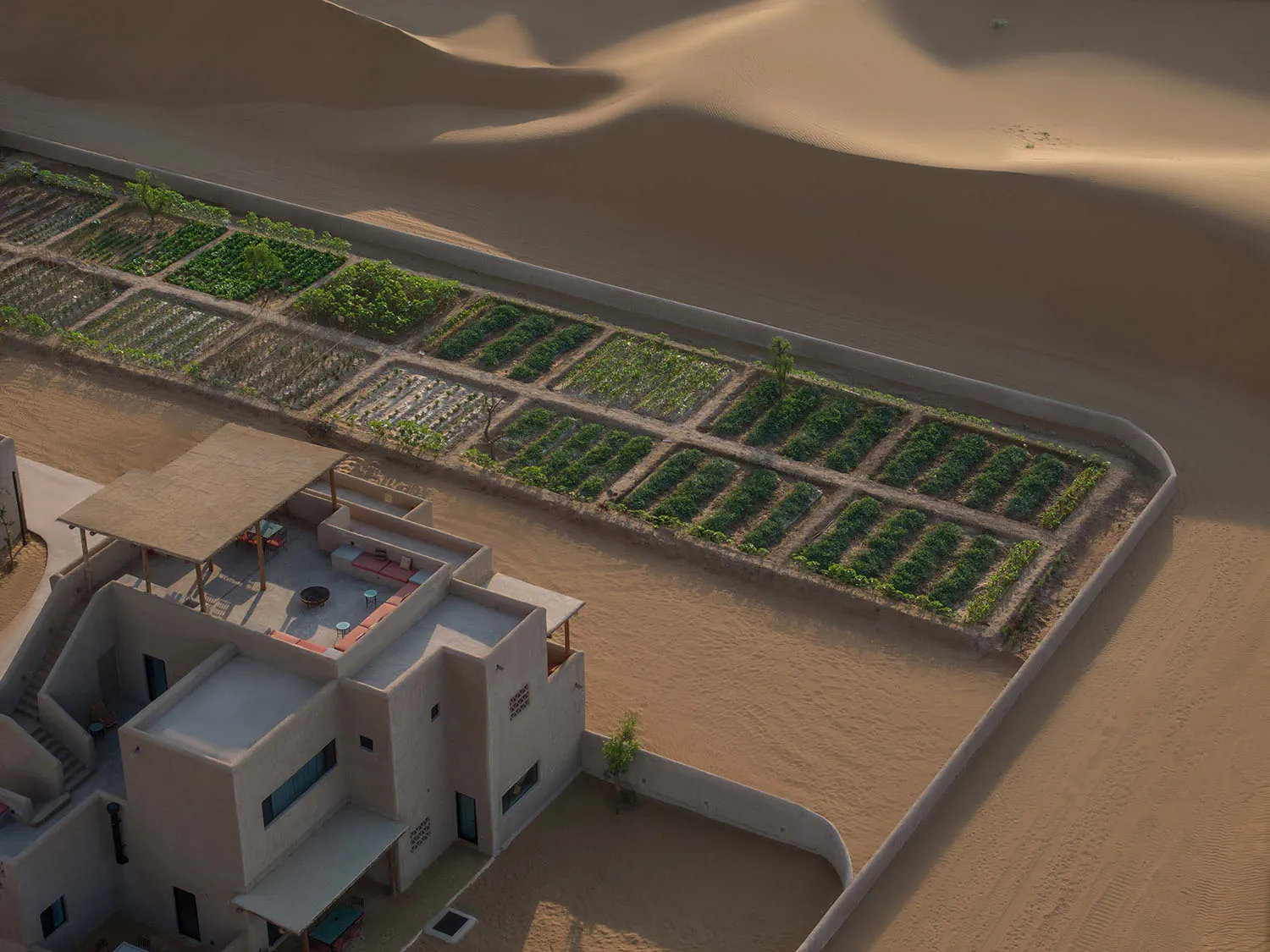Aerial view of a sustainable agricultural habitat with concrete raised beds in a desert landscape.