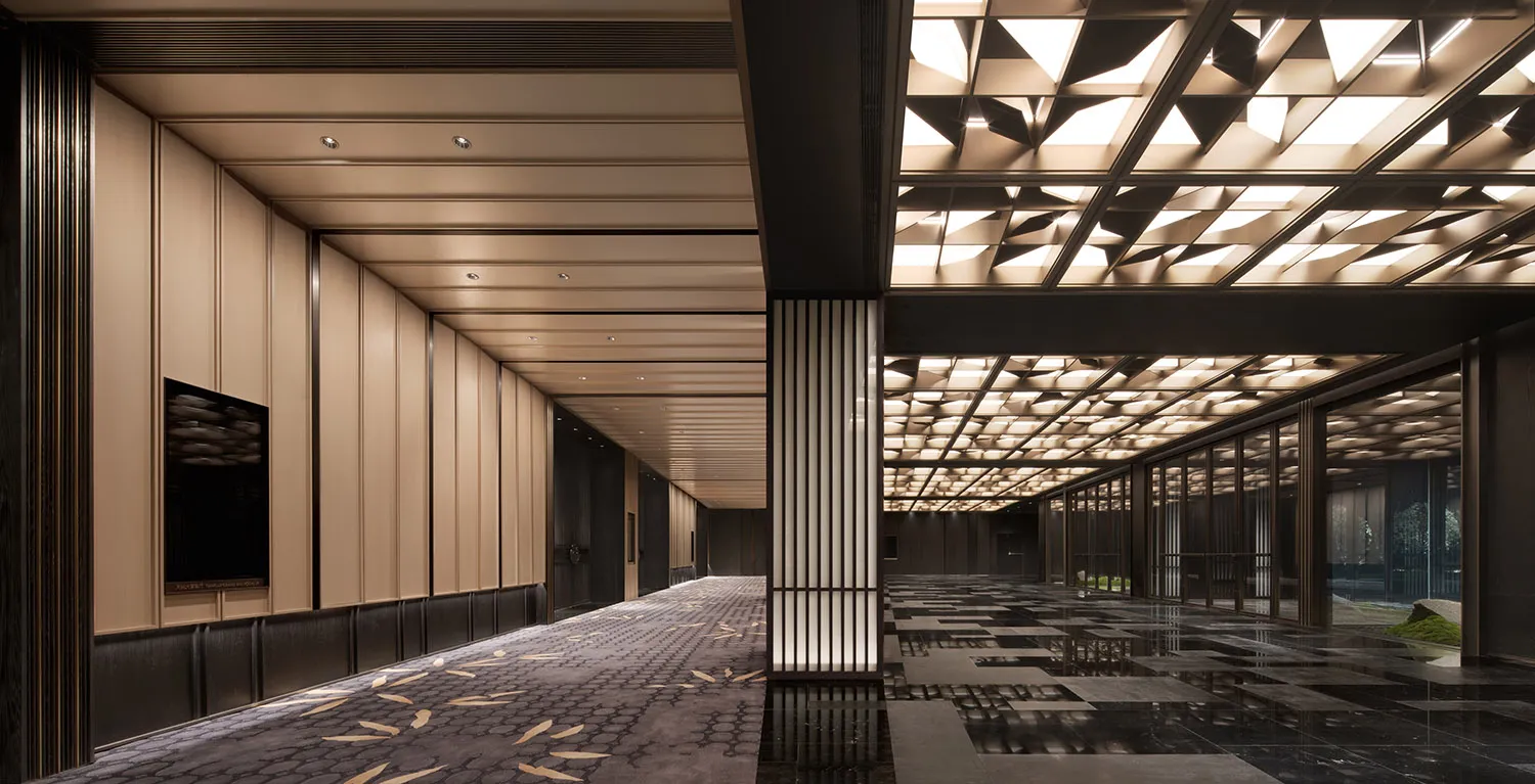 Modern design corridor with marble floor and concrete walls