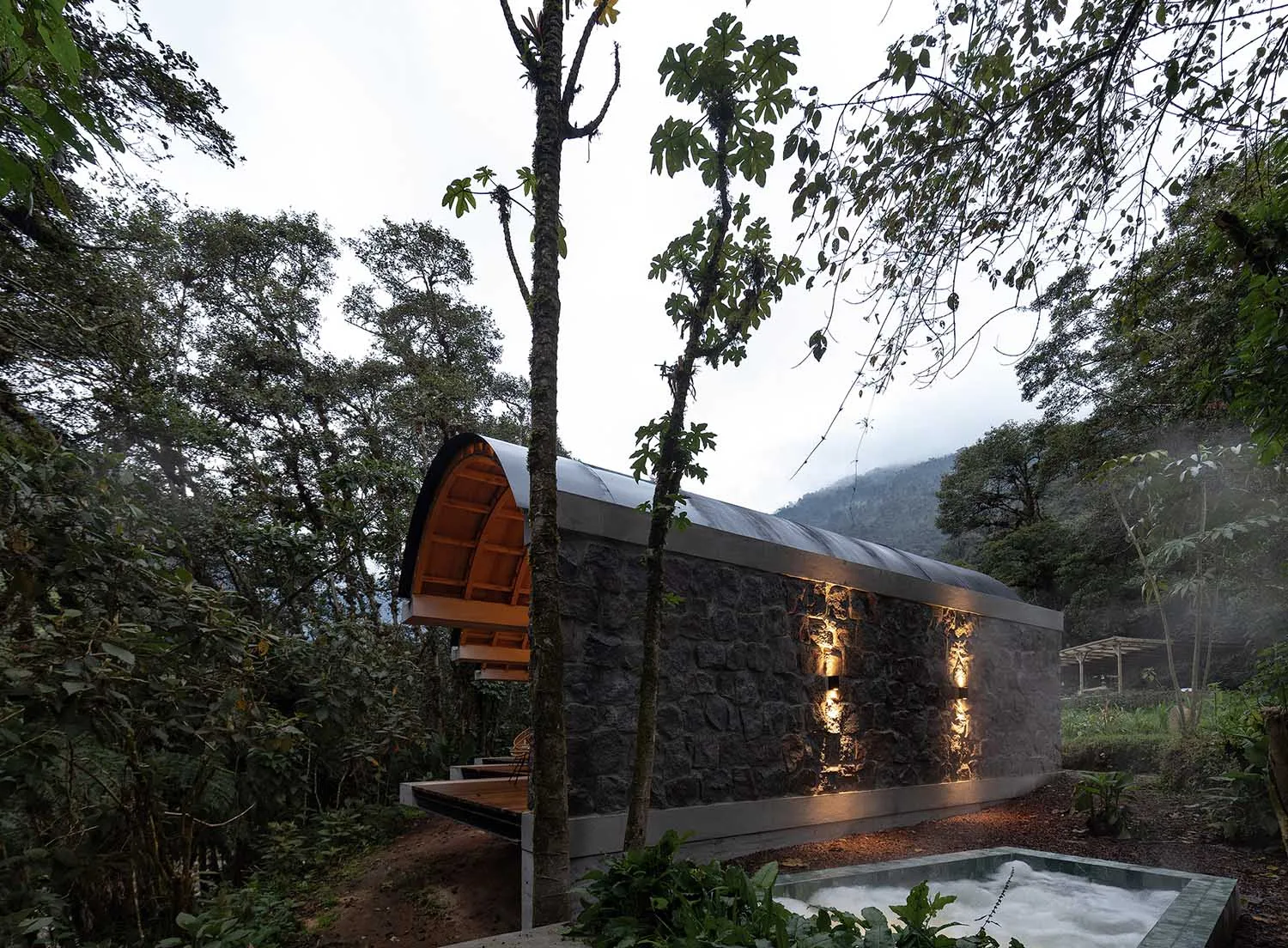 A modern stone house exterior at night with a small pool in front and a tree nearby.