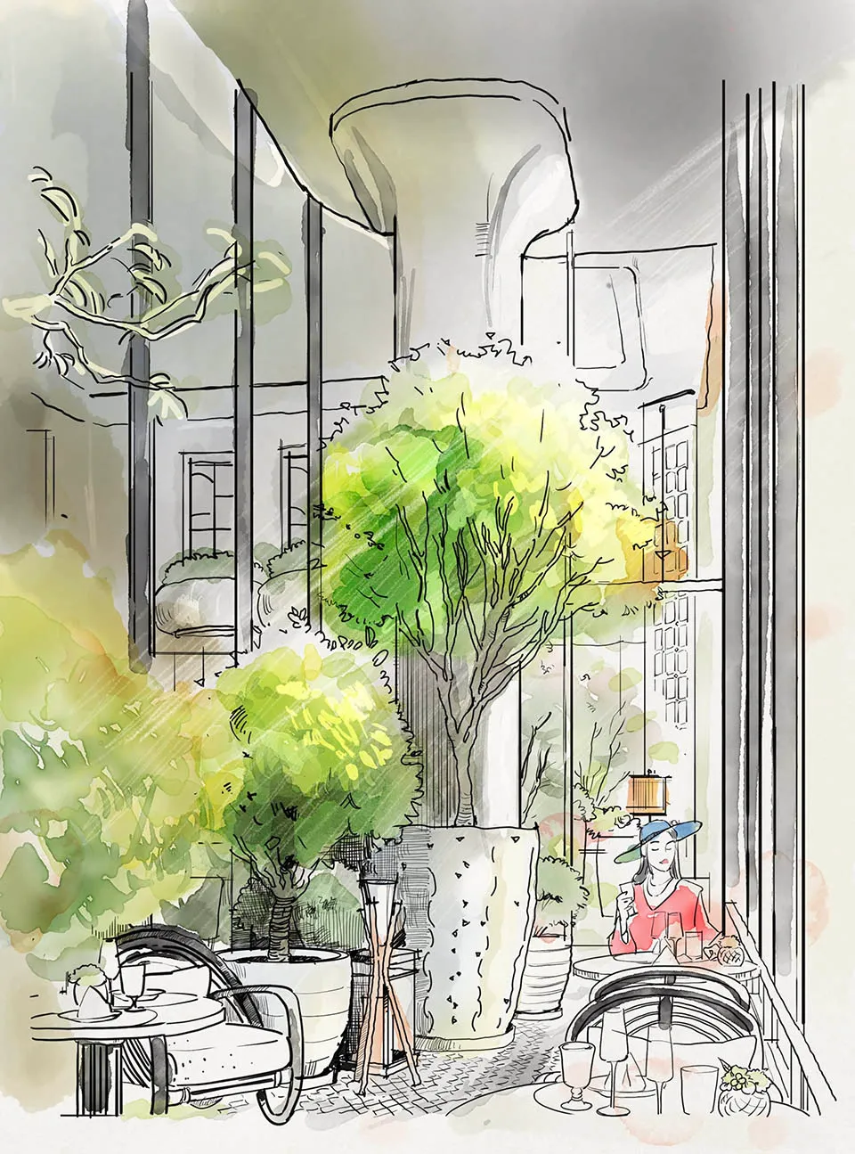 A detailed sketch of an elegant restaurant setting with tables, chairs, plants, and a woman sitting at one of the tables.