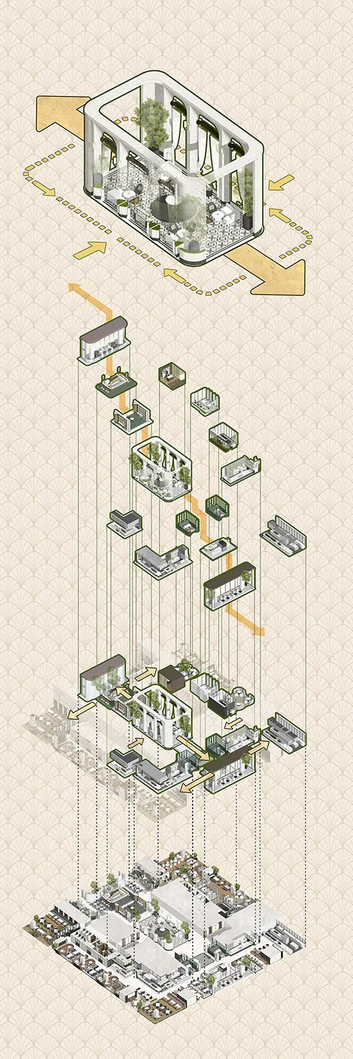 Vertical yoga center layout with multiple floors showcasing a variety of spaces and studio rooms.