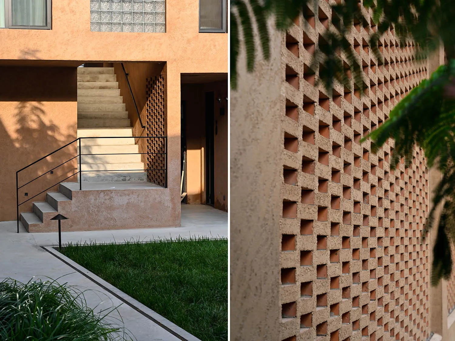 Modern architectural design featuring brick stairs with a black metal handrail.