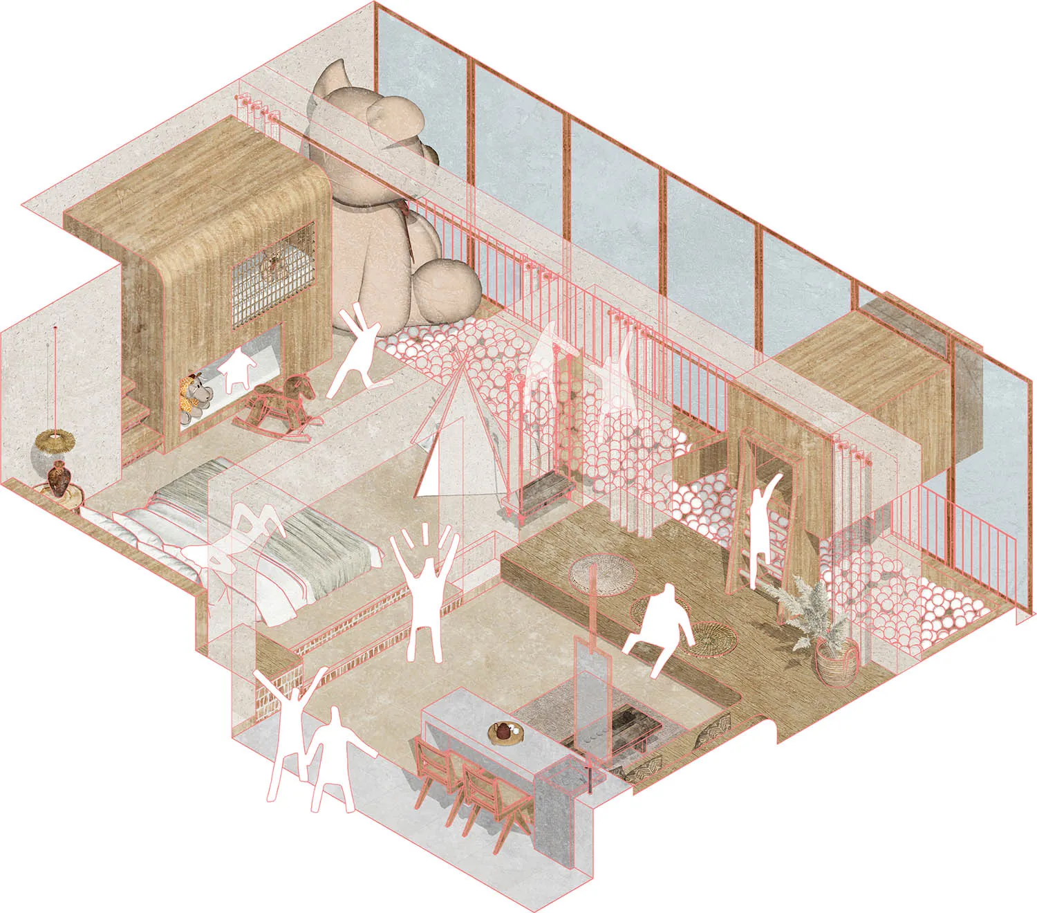 Playroom with wooden elements and various toys and furniture.