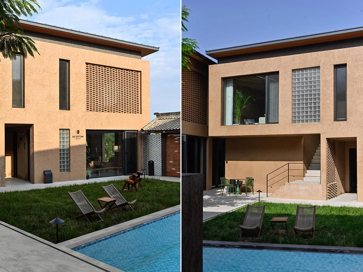 Modern residential exterior with concrete walls, large windows, and a swimming pool.