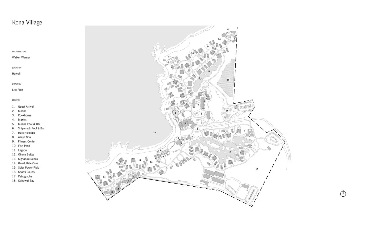 Black and white architectural drawing of the Kona Village resort site plan.