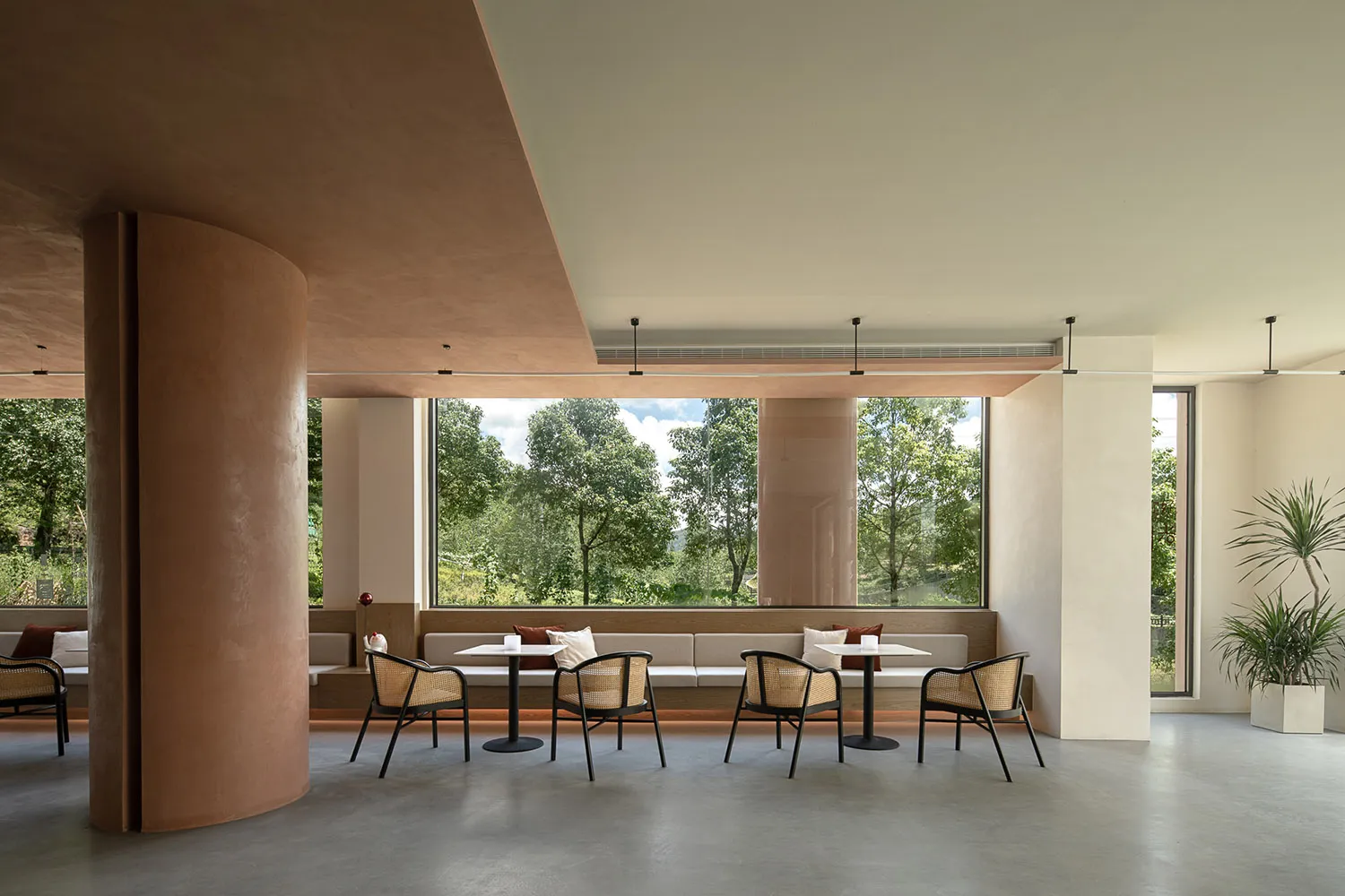 A modern cafeteria space featuring a combination of concrete and wooden materials with a clean, minimalist design.