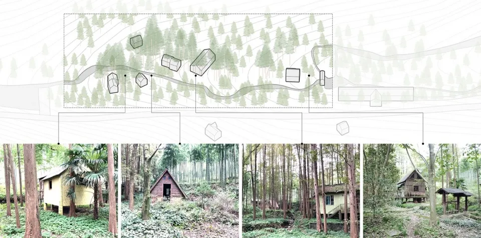 Rendered architectural plan of a forest retreat cabin.