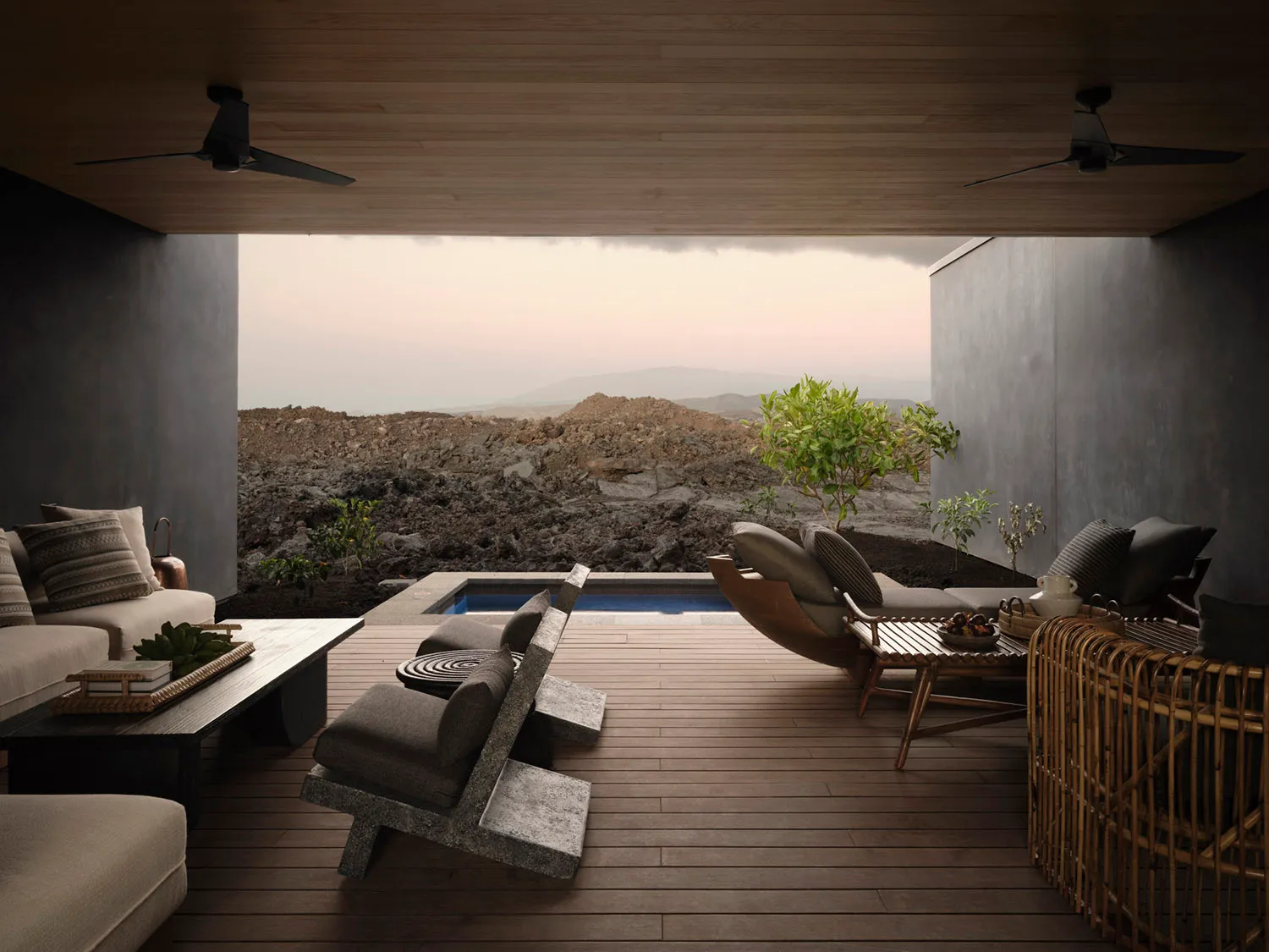 A minimalist residential patio featuring wood flooring and furniture, with a serene outdoor space and a small pool.