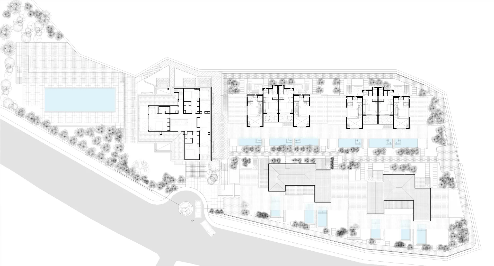 Floor plan of commercial housing units featuring concrete and glass materials.
