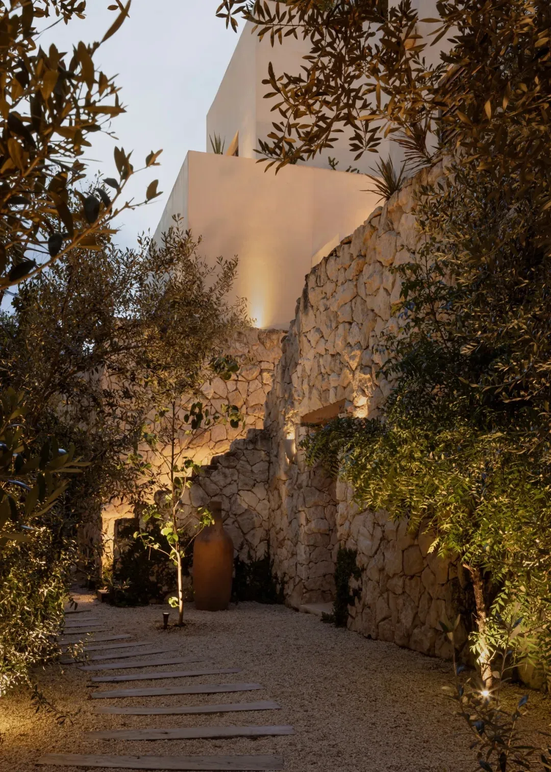 A modern architectural exterior made of stone.