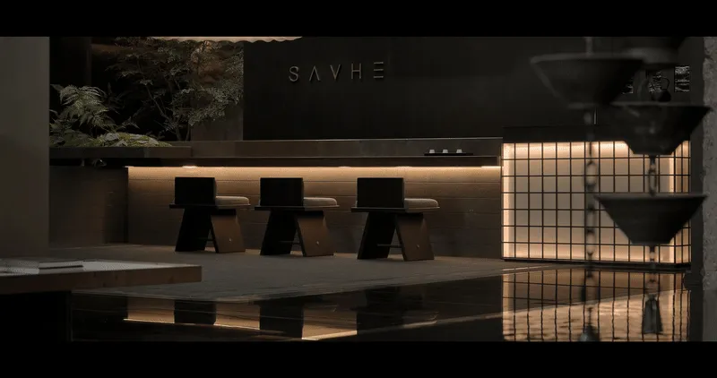 A minimalist spa interior with a sleek, modern design featuring a fountain and seating area.