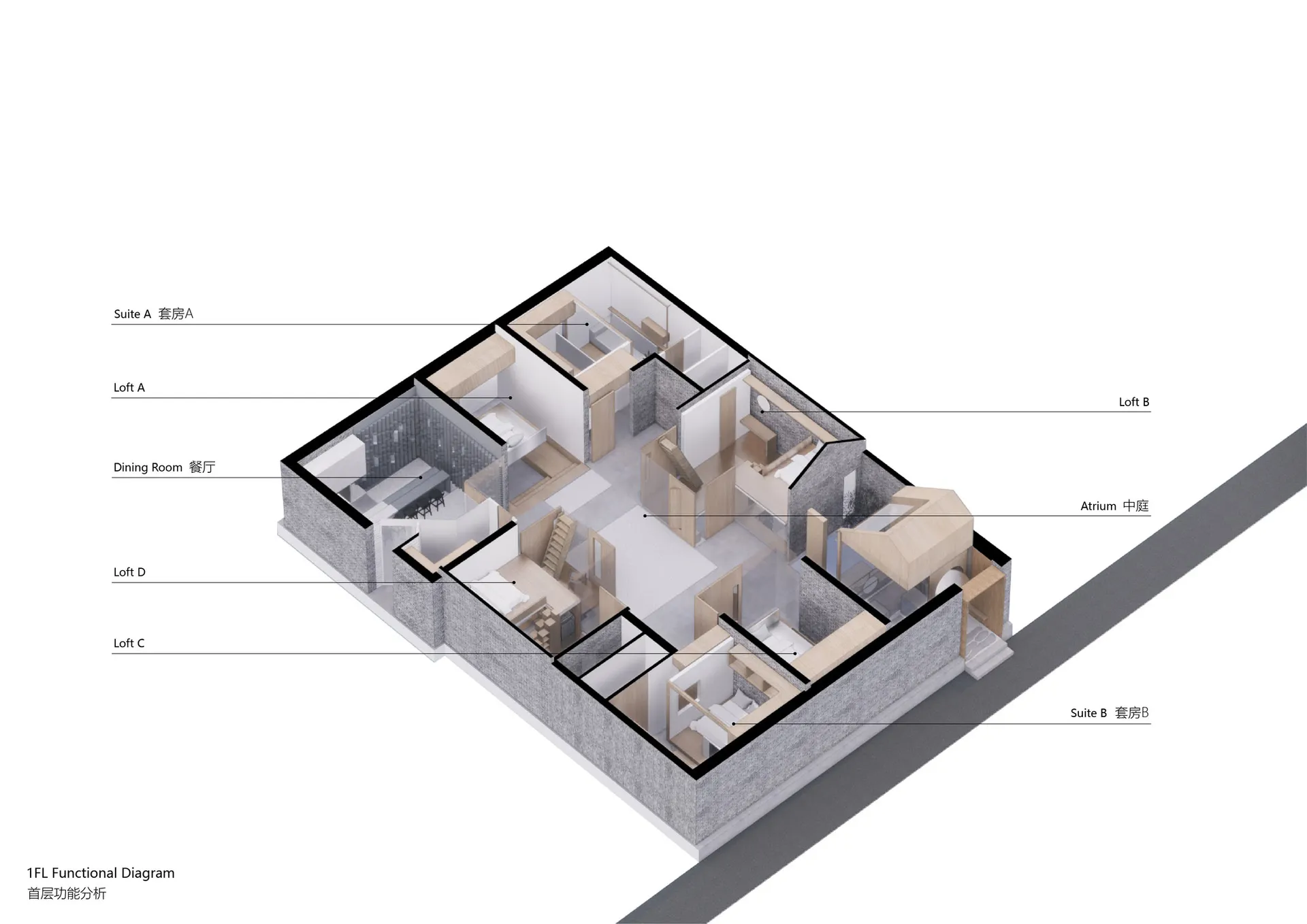 Floor plan of a loft suite featuring concrete construction and modern lighting.
