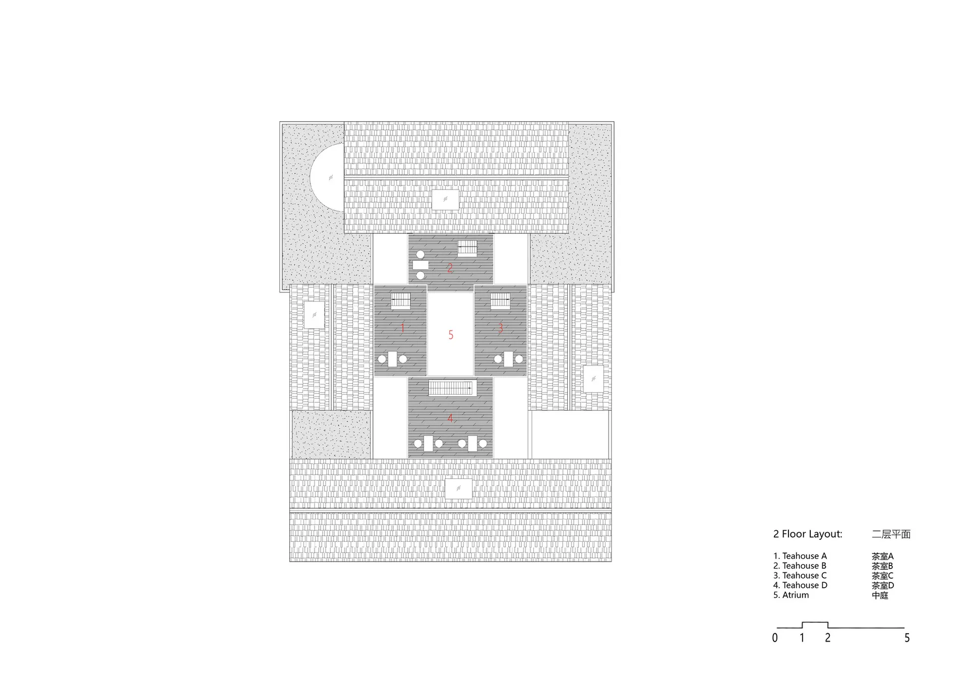 俯視茶屋建築平面圖，展示各個區域與空間配置。