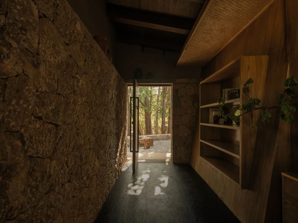 Minimalist interior design featuring stone walls and wooden shelves with greenery.