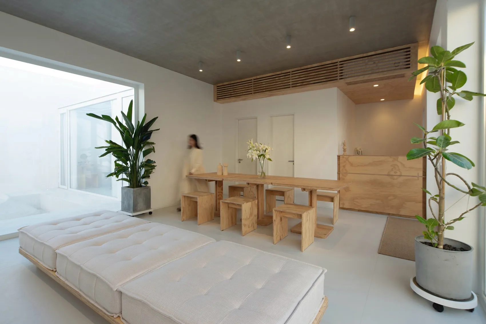 A minimalist living room with wooden furniture and white cushions