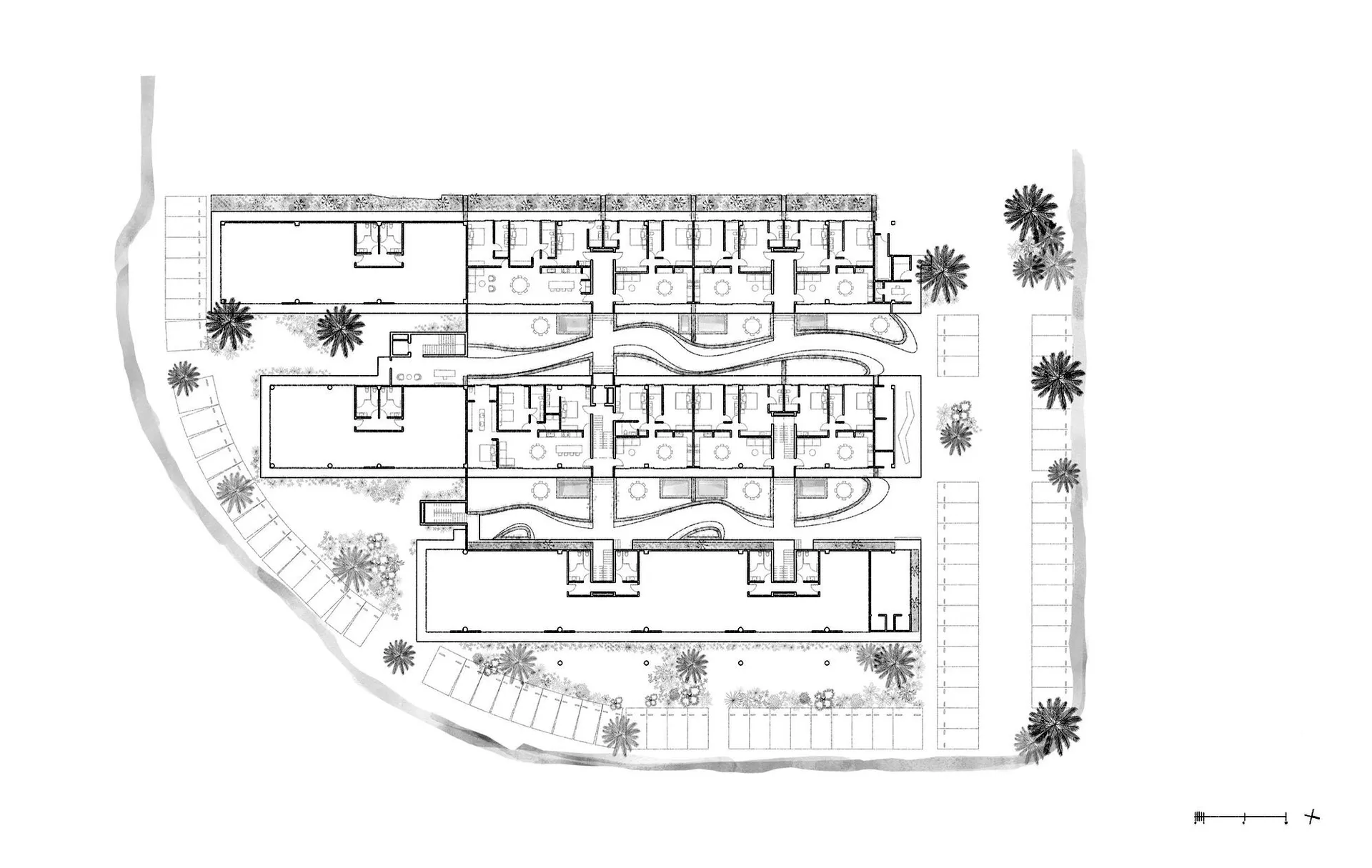 A detailed black and white architectural plan of a hotel layout.