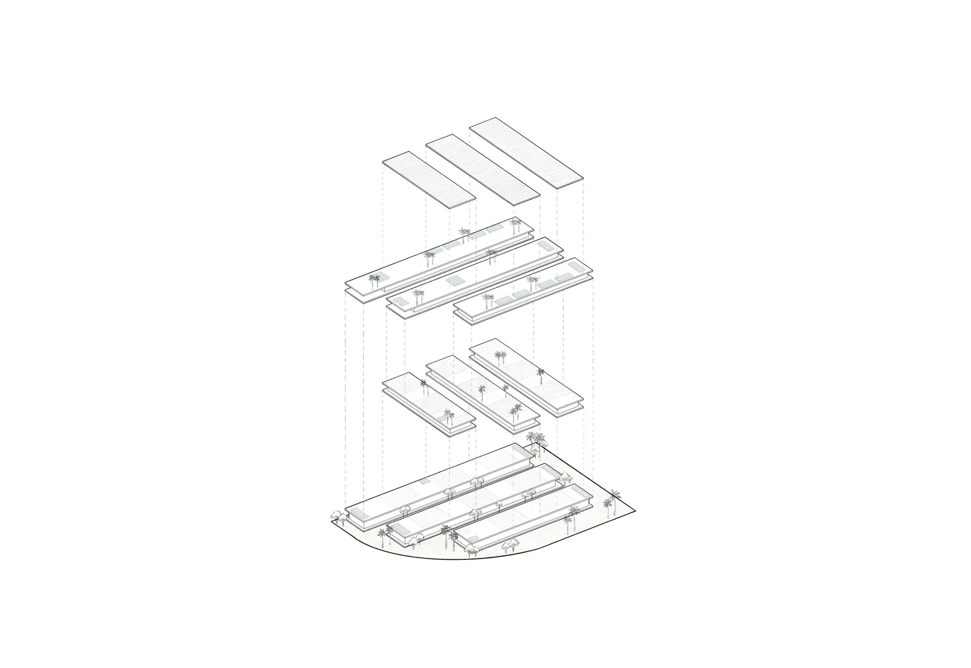 Isometric view of a structural engineering diagram showcasing layered architectural structures.