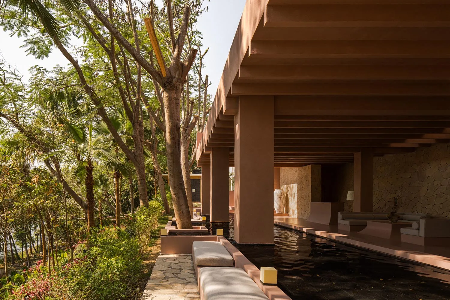 A modern, minimalist residential interior featuring wooden elements and a serene, open design.