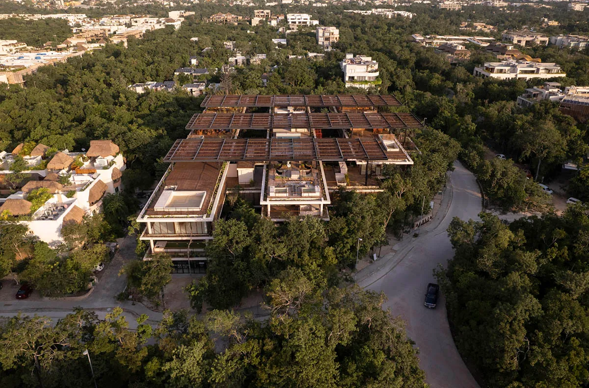 一座現代建築配有金屬屋頂,坐落於茂密綠意之中。