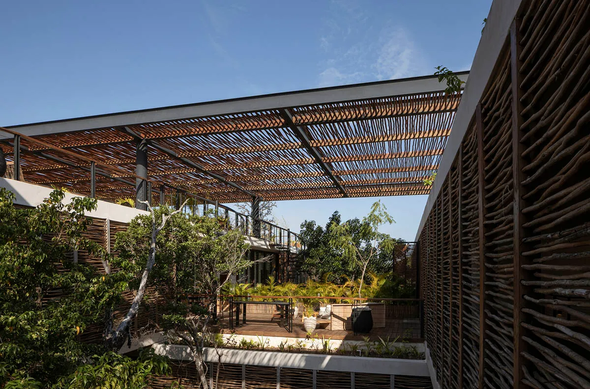 Modern rooftop space with a wooden lattice roof structure surrounded by greenery.