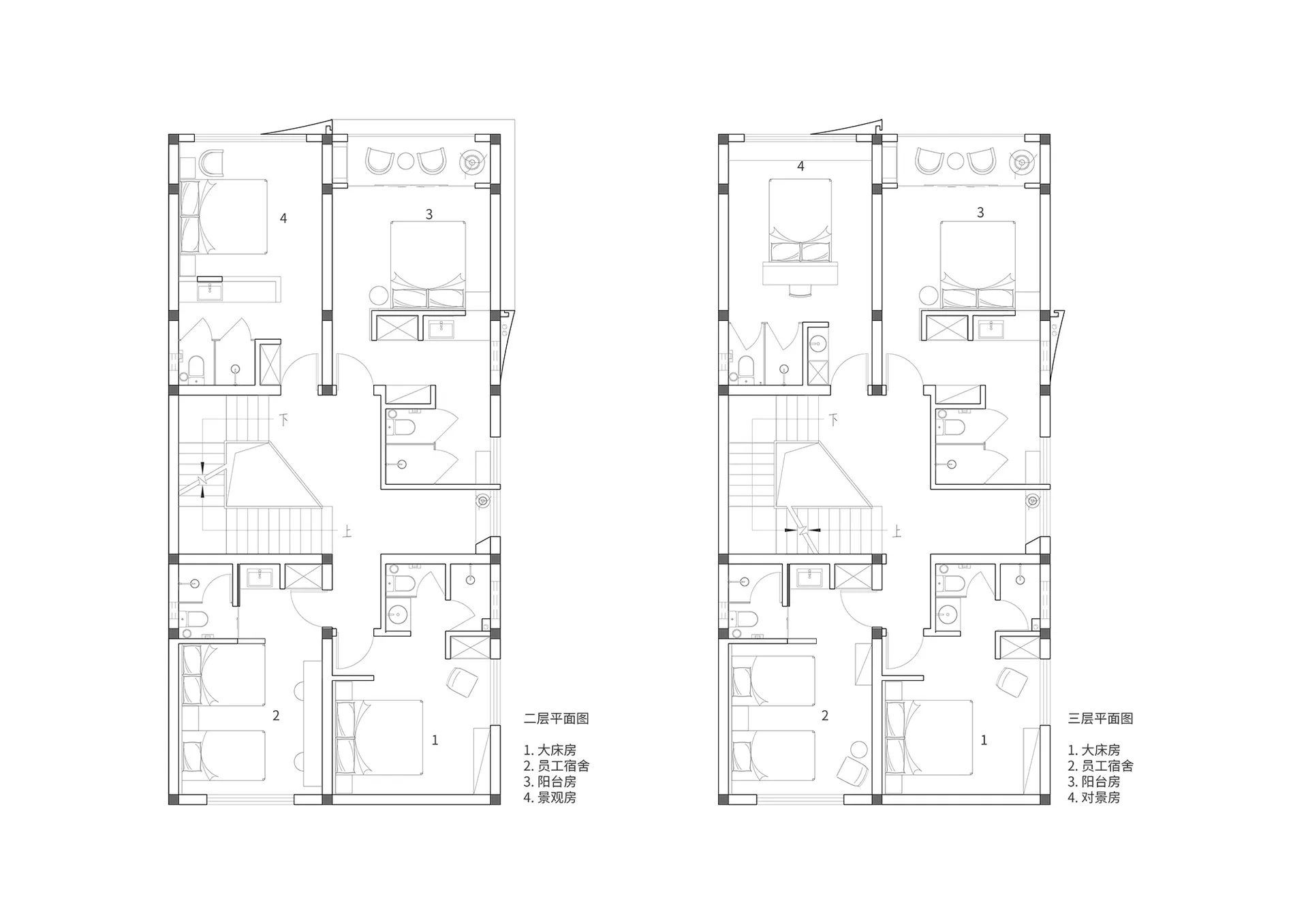 A detailed black and white architectural floor plan showing a modern residential building layout.