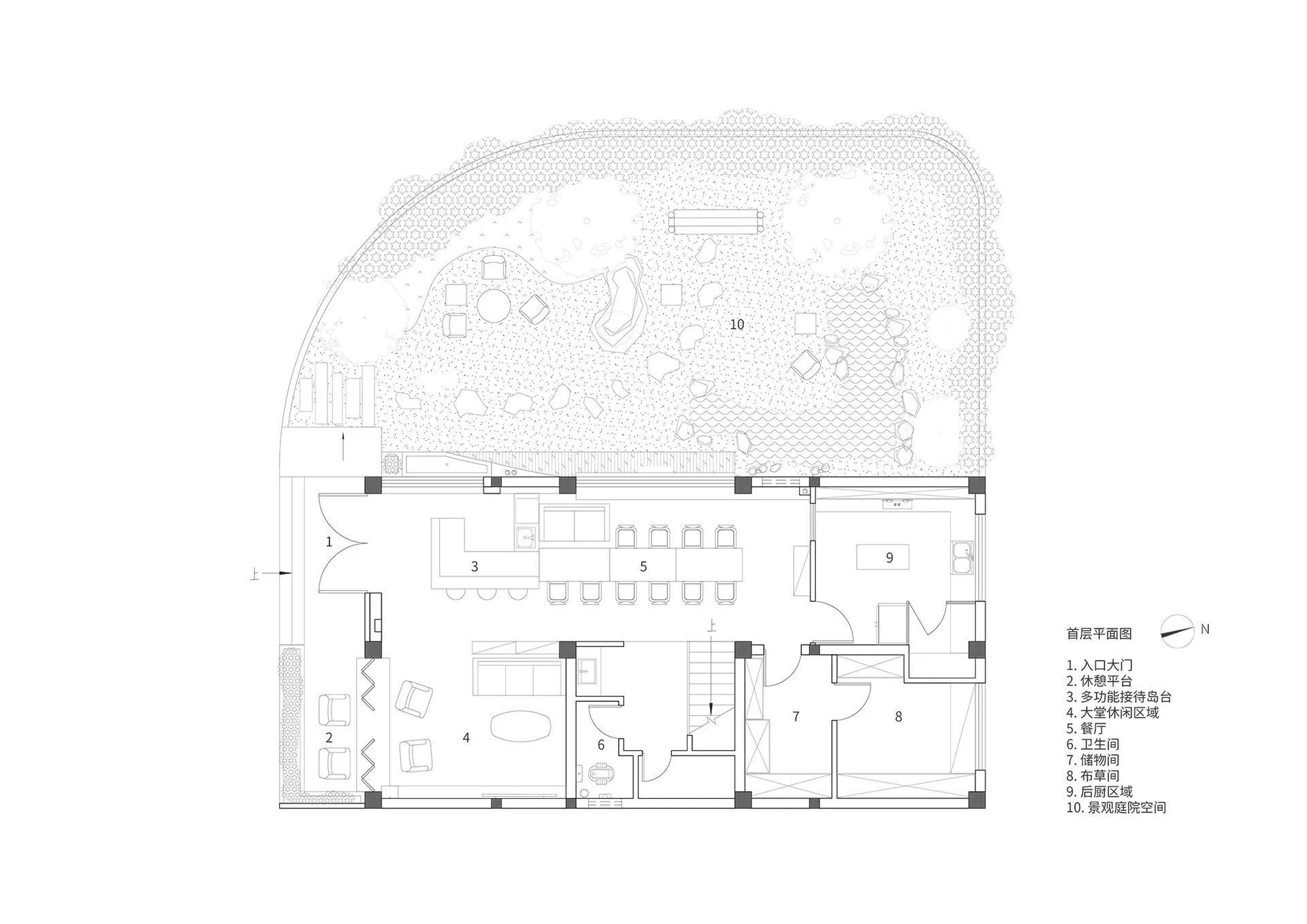 Floor plan of a modern office lounge featuring a concrete and glass design.