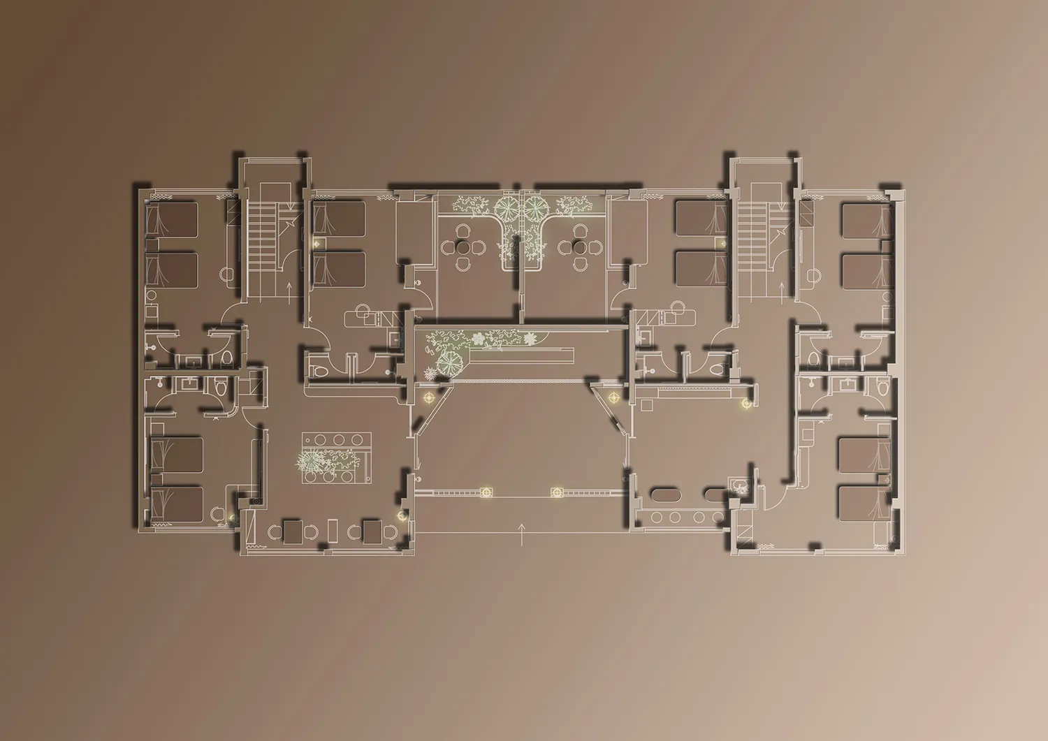 A detailed architectural plan of a residential apartment building with multiple rooms and corridors.