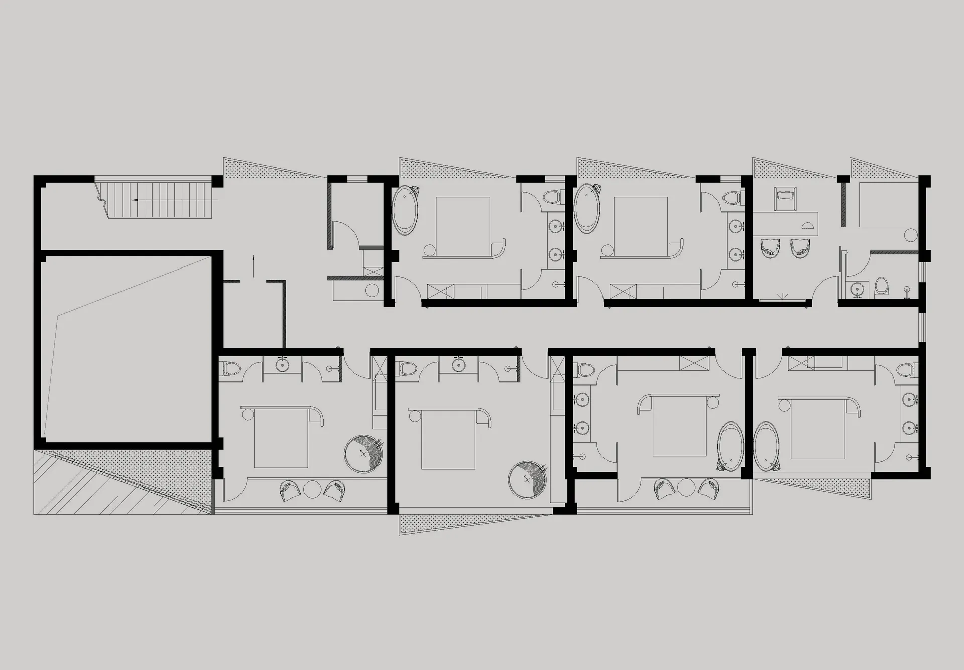 A modern residential floor plan depicting a house with four bedrooms, bathrooms, and a kitchen.