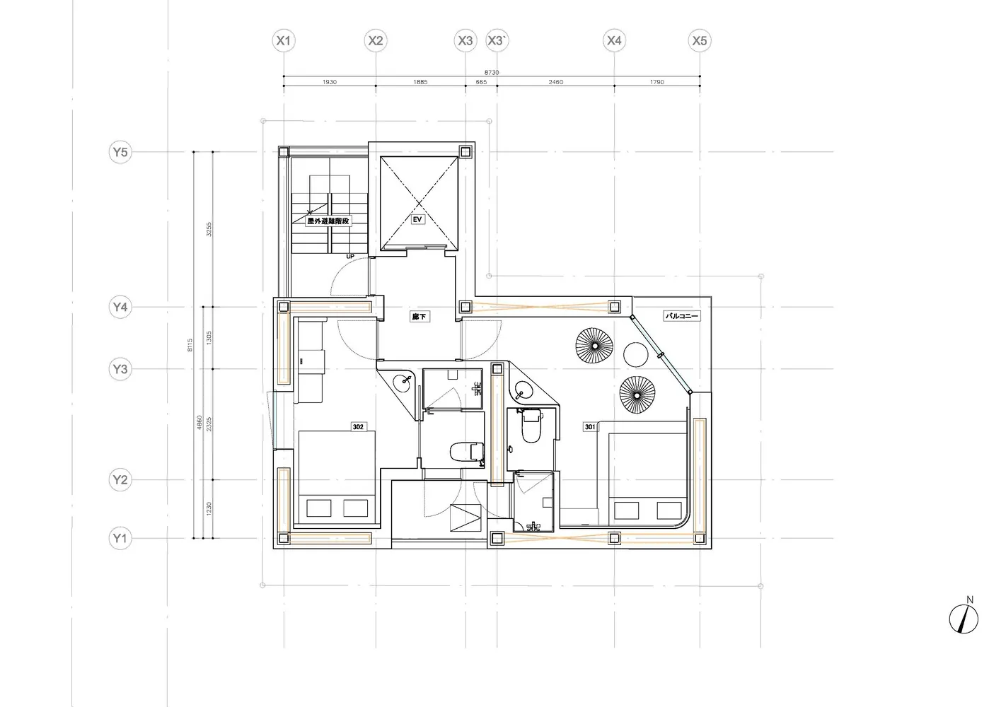 Architectural layout diagram of a residential building showcasing residential spaces and structural elements.