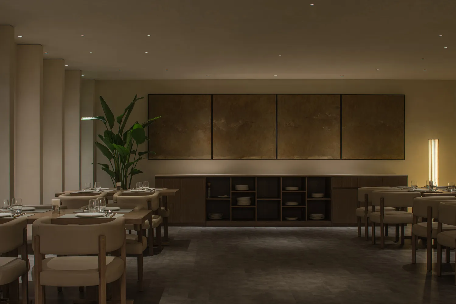 Modern restaurant dining room featuring wooden tables and chairs with Facebook Midnight chairs and coffee tables.