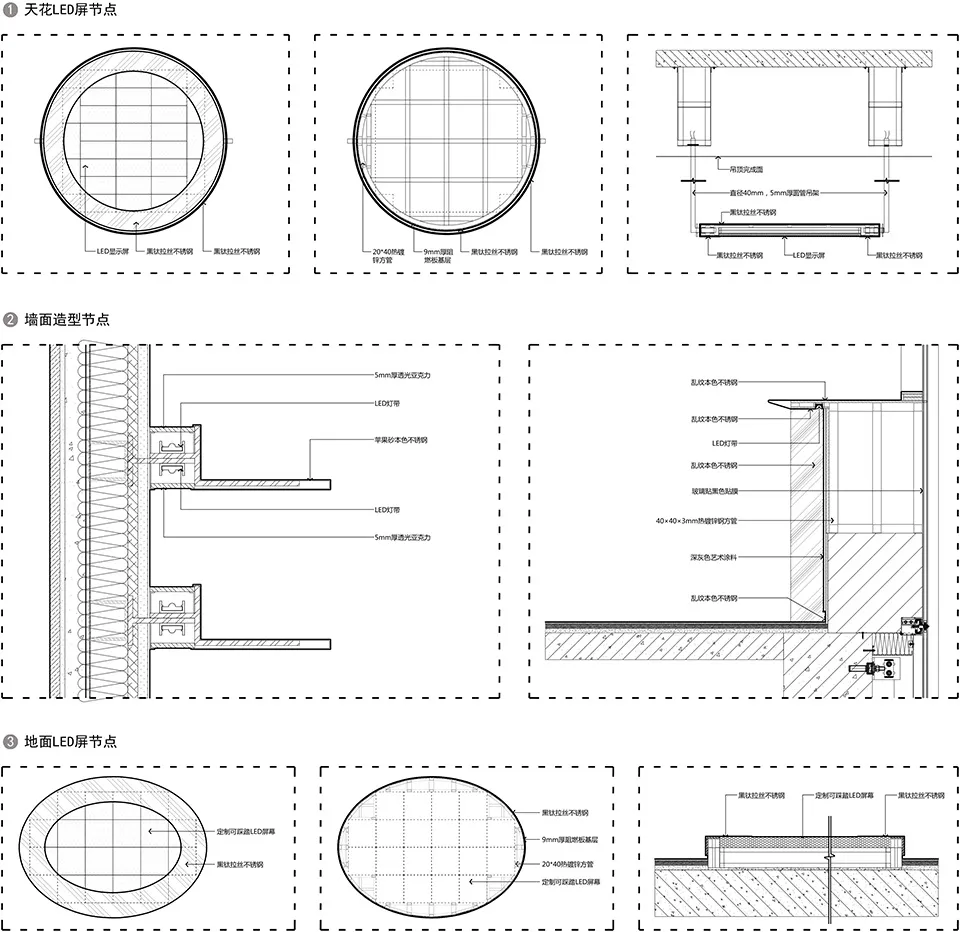 Detailed technical drawing of an LED screen installation in an architectural floor plan, featuring metallic materials and lig