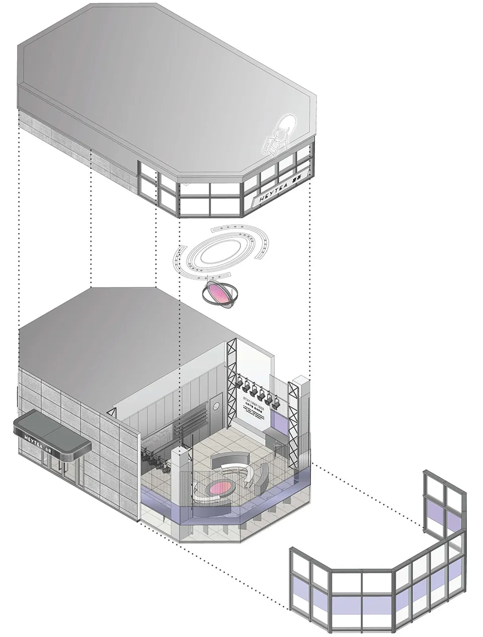 An isometric view of a modern retail storefront with glass walls and a concrete floor.