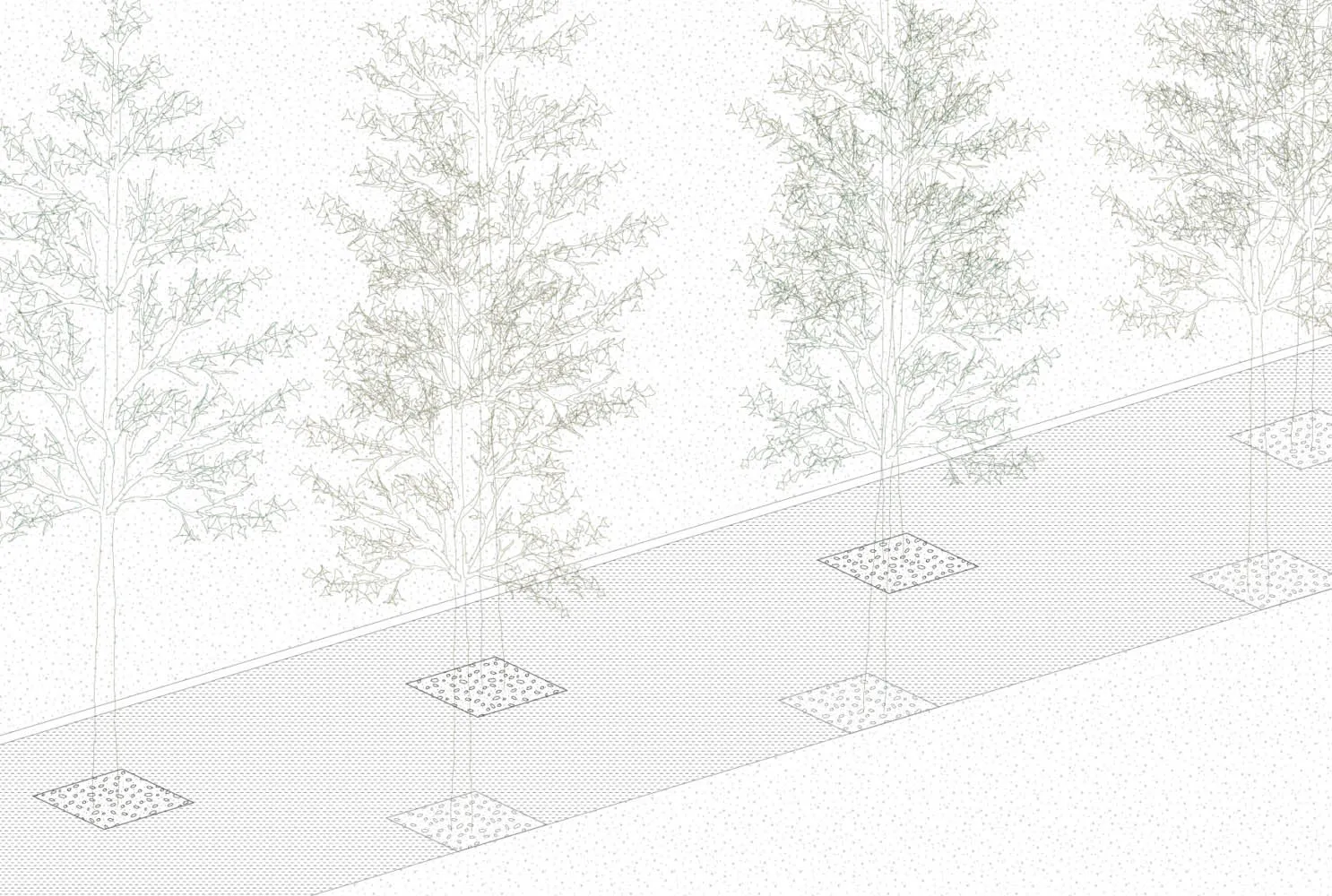 A schematic drawing of a street with trees, concrete pavement and metal grates.