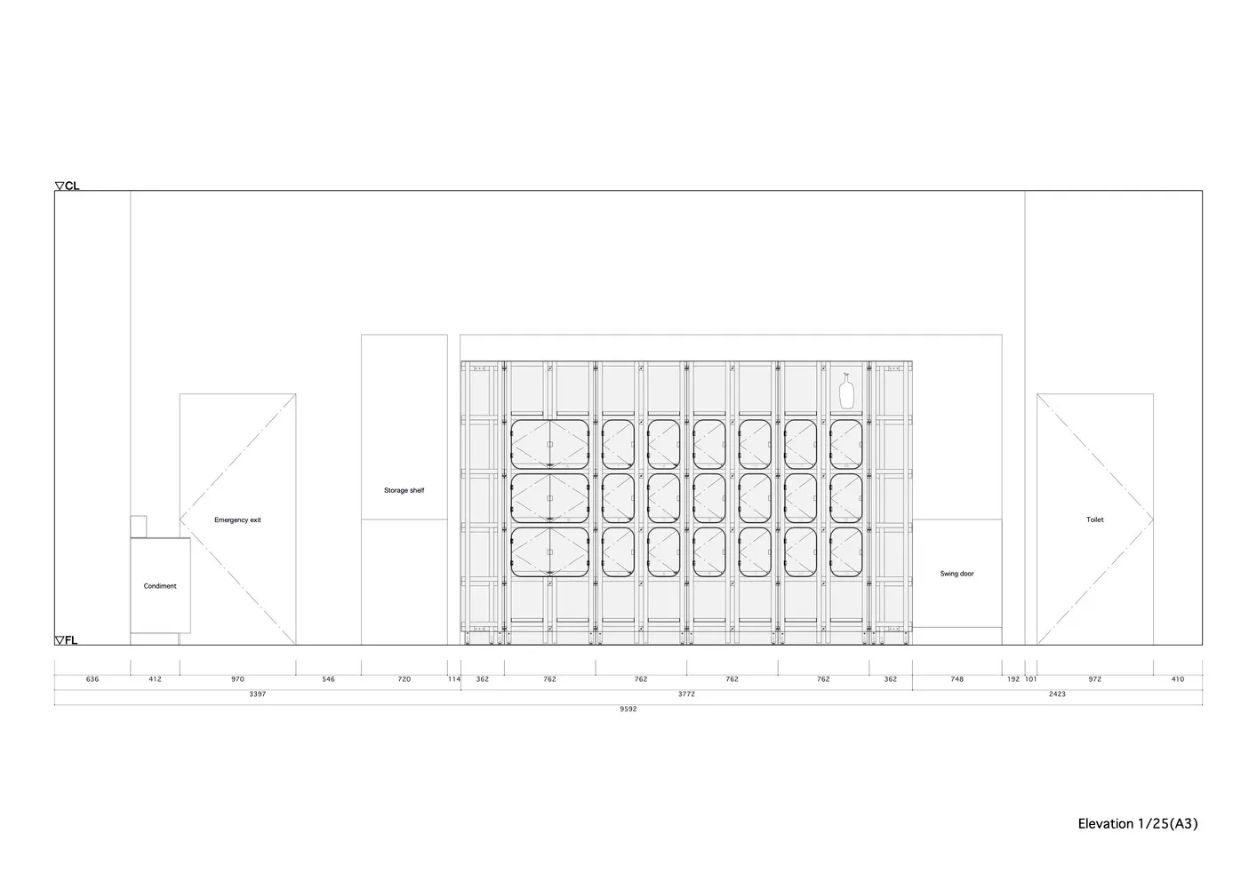 A detailed architectural plan showing the interior layout of a commercial kitchen, including storage shelves, emergency exits