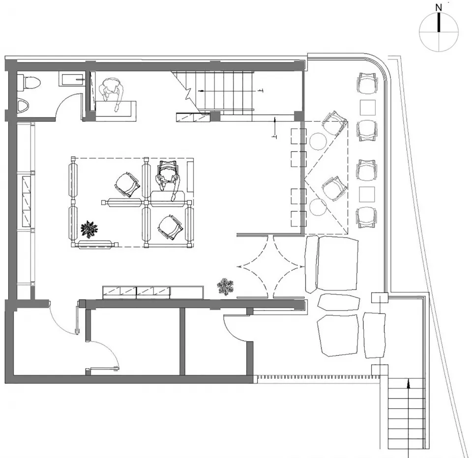 2D architectural drawing of a modern living space with living room, dining area, and kitchen layouts.