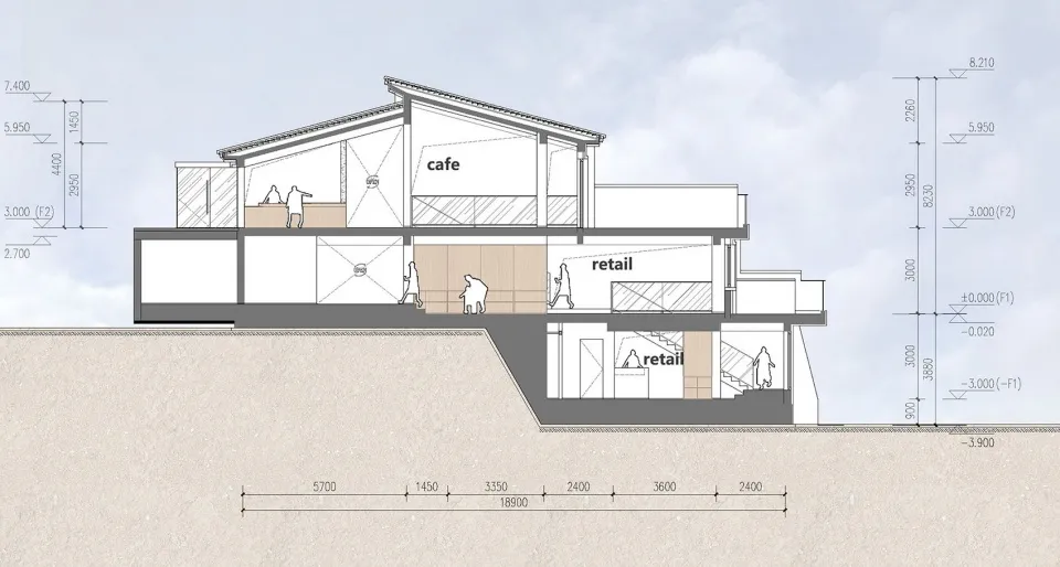 Cross-sectional view of a retail shop interior with retail spaces on both levels.