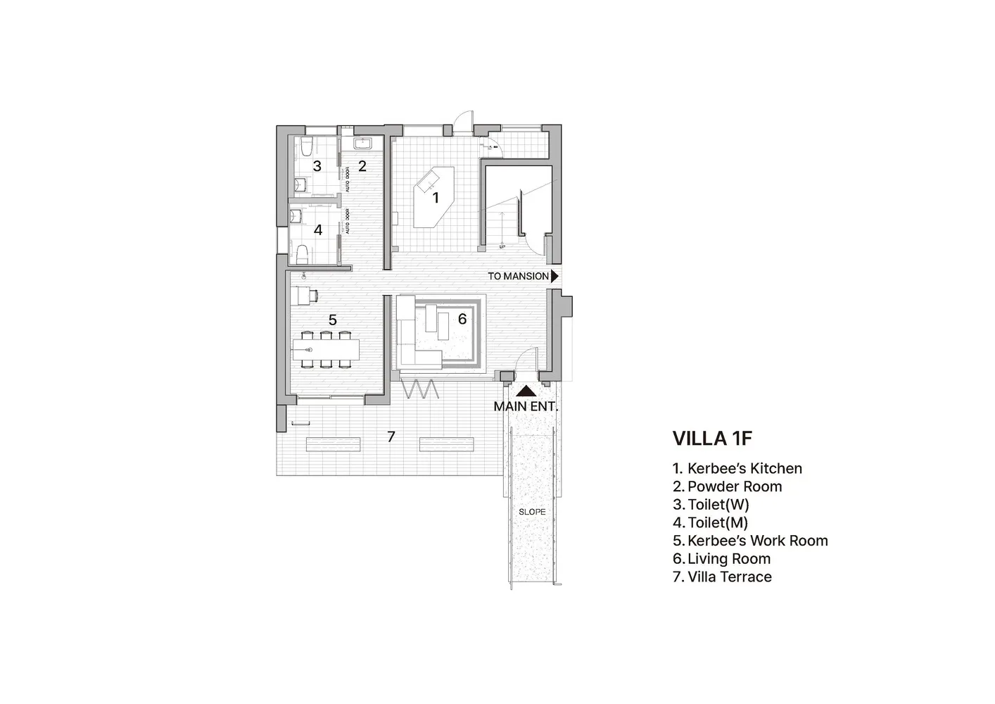 Floor plan of Villa 1F showing Kerbee's Kitchen, Powder Room, Toilets (W and M), Kerbee's Work Room, Living Room, and Villa T