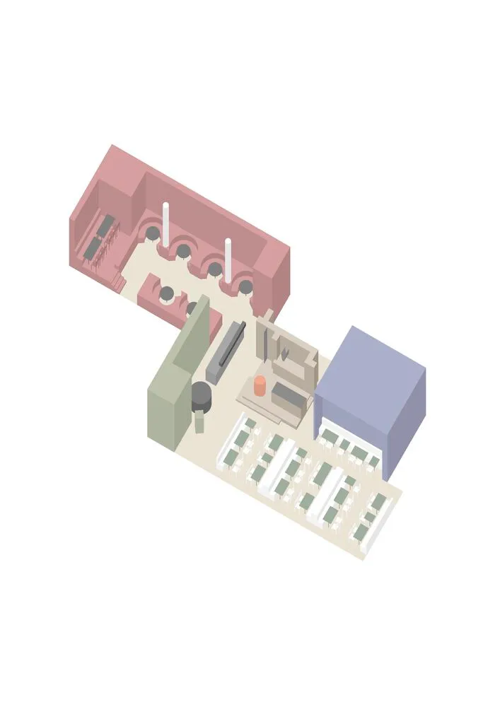 Isometric view of a modern office layout plan showing workstations, cubicles, and common areas.