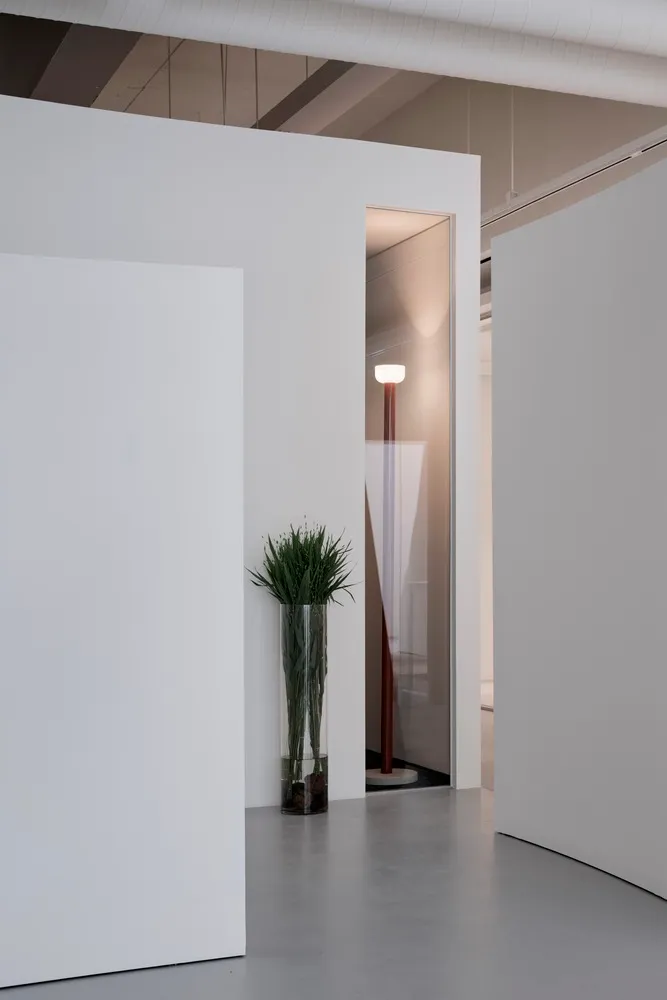 Modern minimalist interior space featuring exposed concrete walls and floor, with a tall floor lamp and green plant