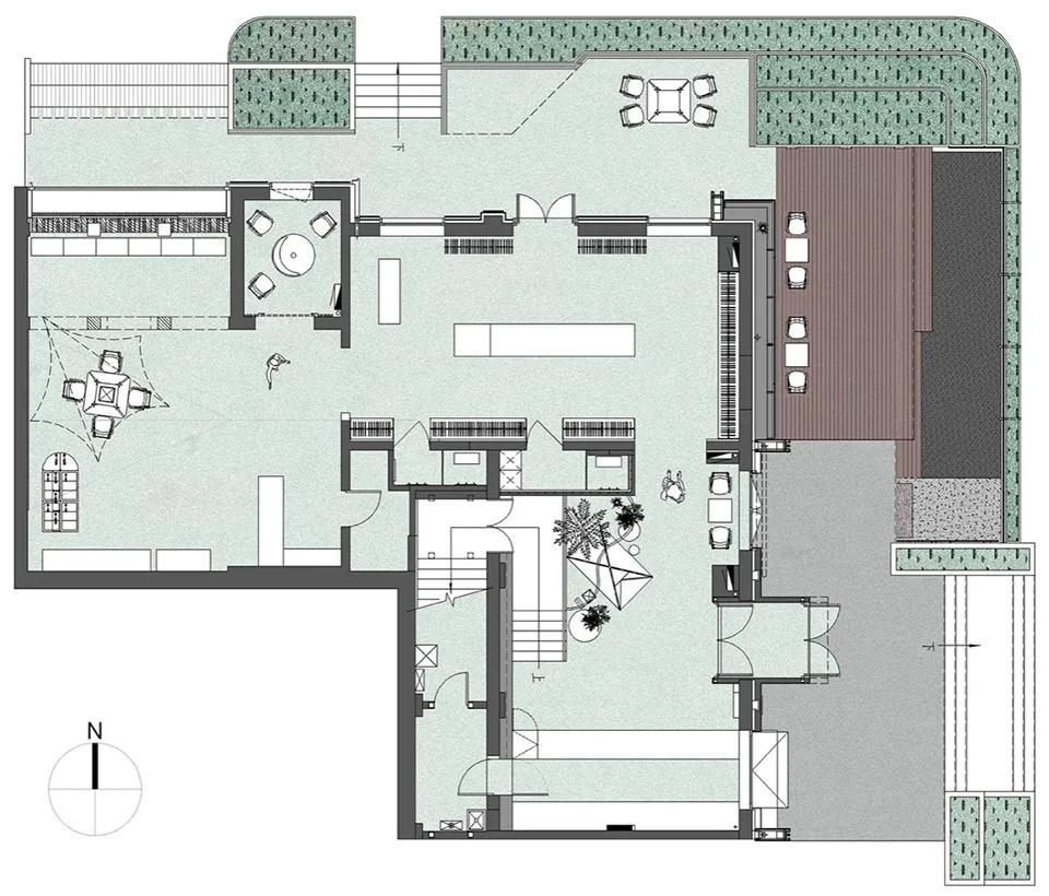 Modern house with a concrete floor plan, including living areas, dining room, kitchen, and bedrooms.