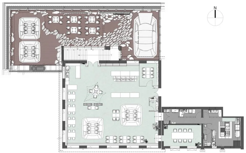 一張明亮自然採光的辦公空間 2D 建築圖，地面為拋光混凝土。