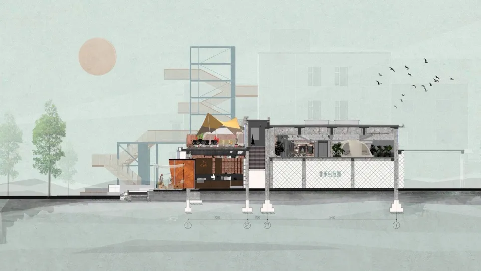 A detailed architectural rendering of an outdoor cafe with a balcony, featuring mixed materials and a clear view of the surro