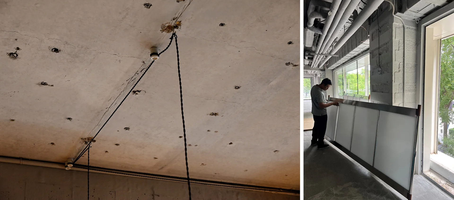 Construction site with visible concrete ceiling featuring multiple holes and visible cables attached.