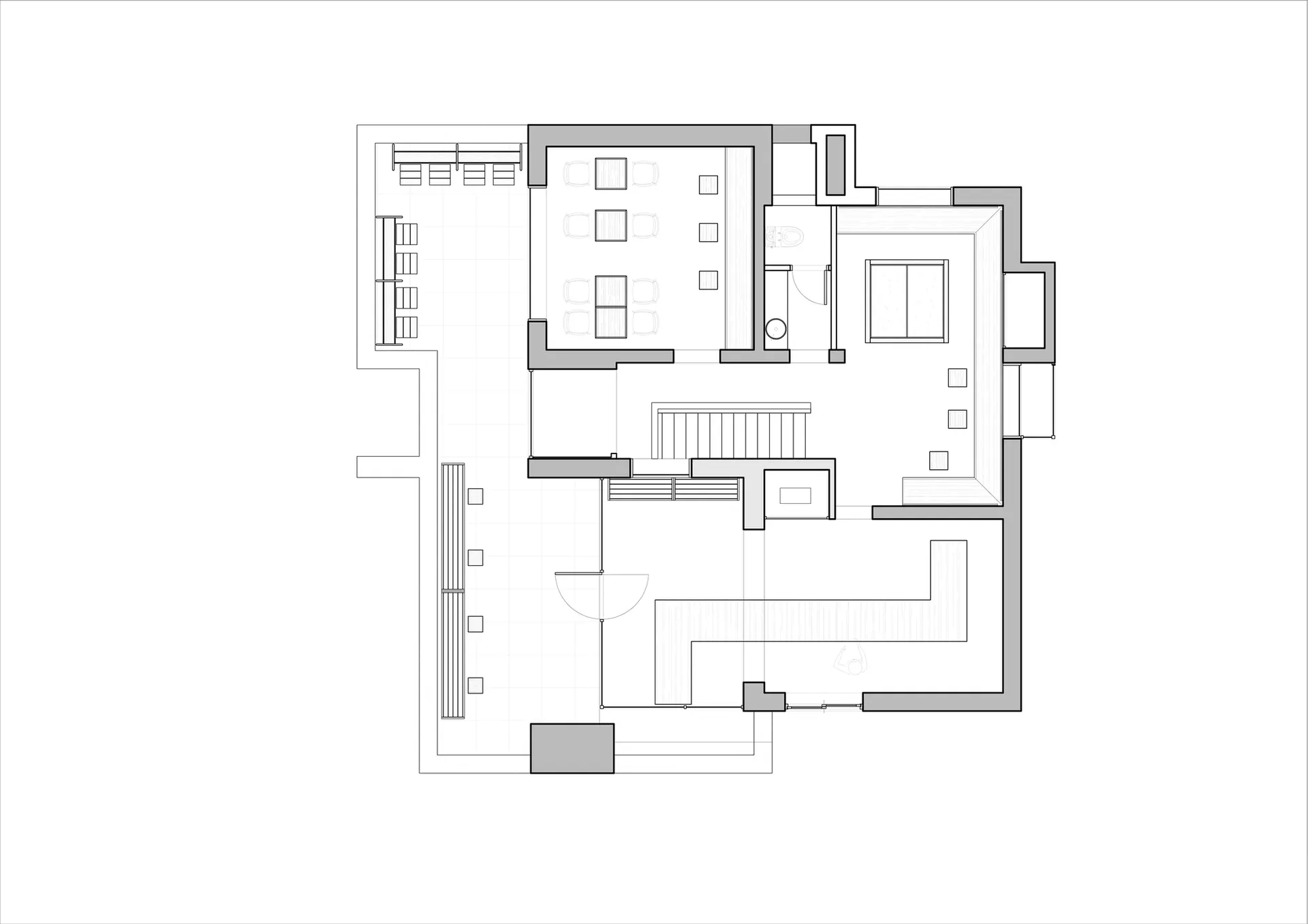 住宅空間的平面圖，採用複合式地板並搭配木質裝飾元素。