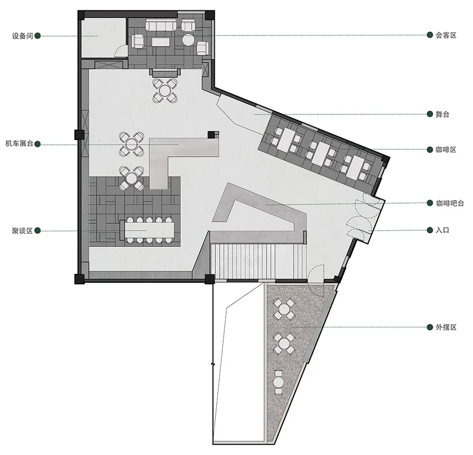 Floor plan of an industrial commercial space featuring industrial materials and industrial design elements.