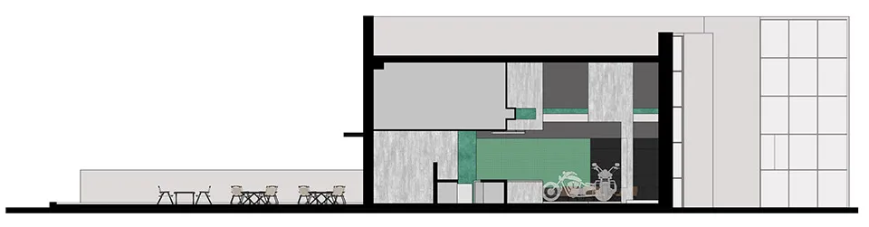 A cross-sectional view of a modern interior design showing various functional zones and materials used.