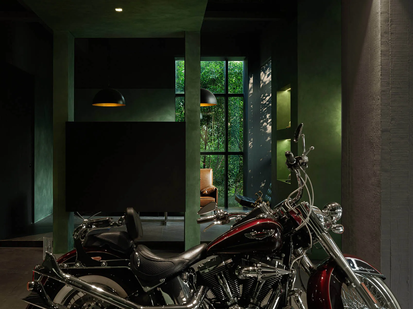 A motorcycle parked in an industrial-style interior room.