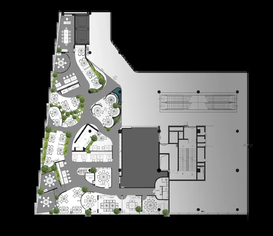 A detailed architectural plan of a modern restaurant featuring concrete and glass materials.